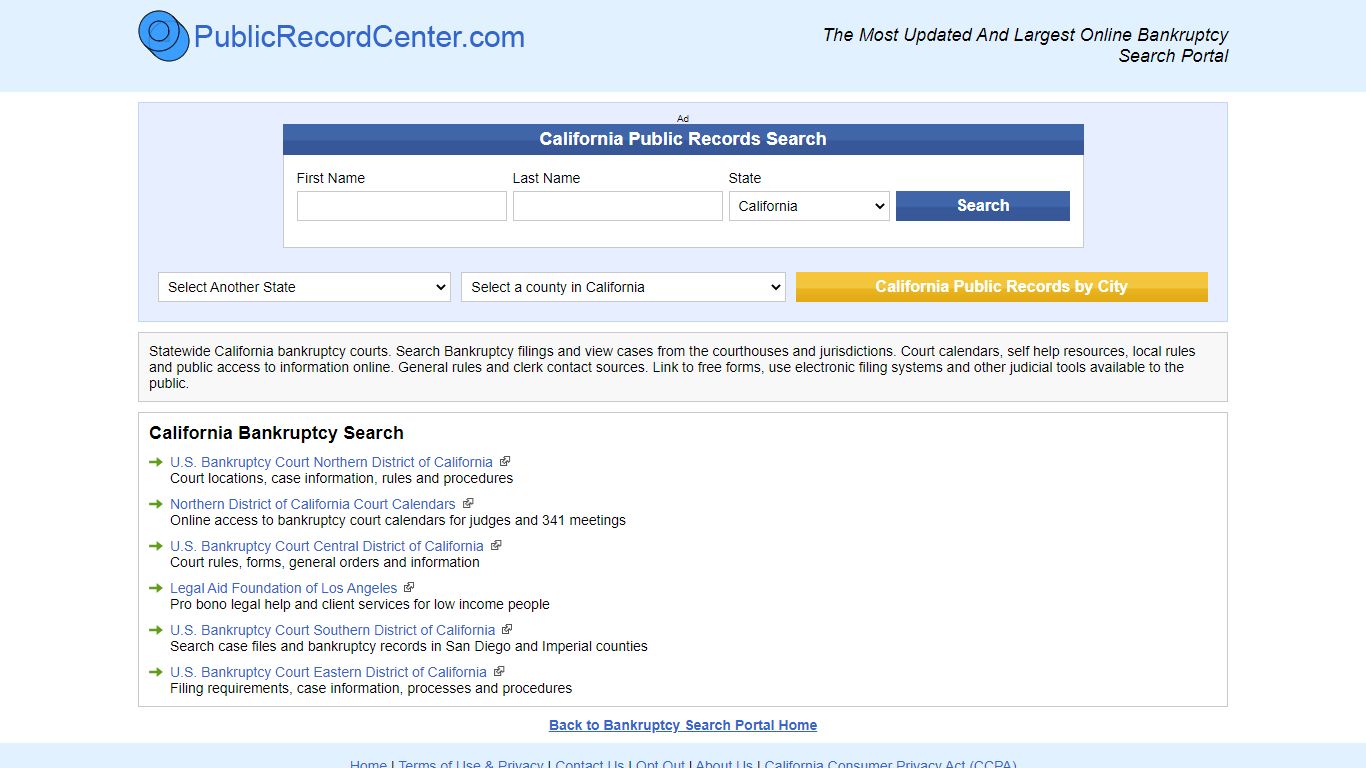 Free California Bankruptcy Records Directory